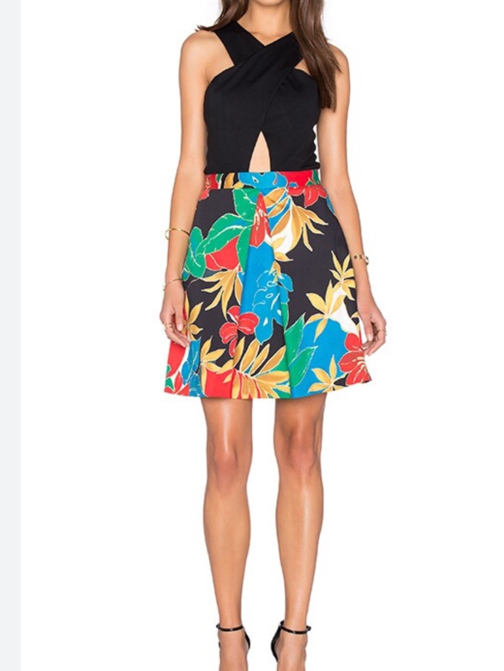 Alice + Olivia Black Dress with Floral Skirt Accent